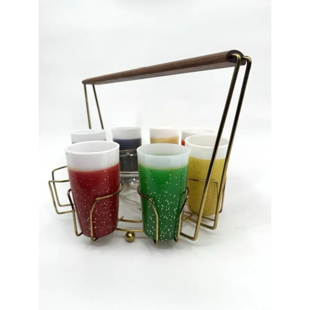 Galamite Glitter Fire King Glass 7 Tumbler Set With Caddy and Ice Bowl